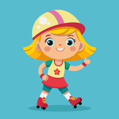 Happy Little Girl Roller Skating Wearing Helmet