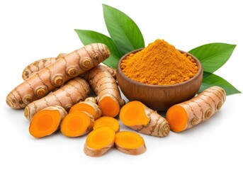 Fresh turmeric root and powder isolated on white background