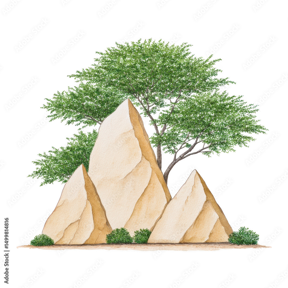Aufkleber group of three triangular stone formations stands in front of lush green tree, surrounded by small b