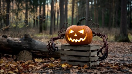 halloween pumpkin in the garden scary view.