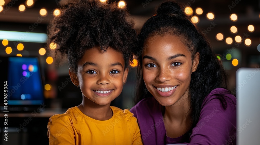Poster smiling mother and daughter pose closely indoors with warm bokeh lights in the background near a com