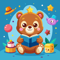 Adorable Brown Bear Cub Reading Book Surrounded by Playful Objects