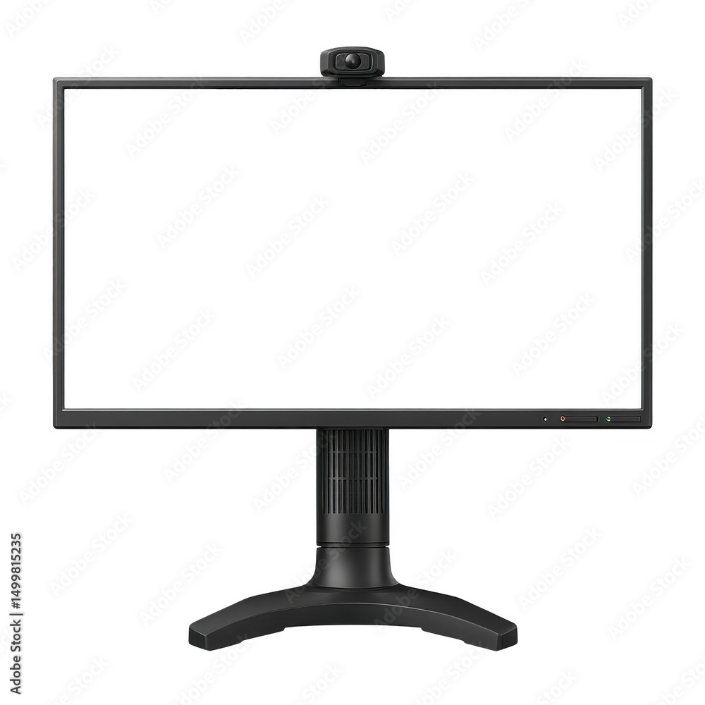 Poster sleek black computer monitor with built in webcam sits on sturdy stand, ready for video conferencing