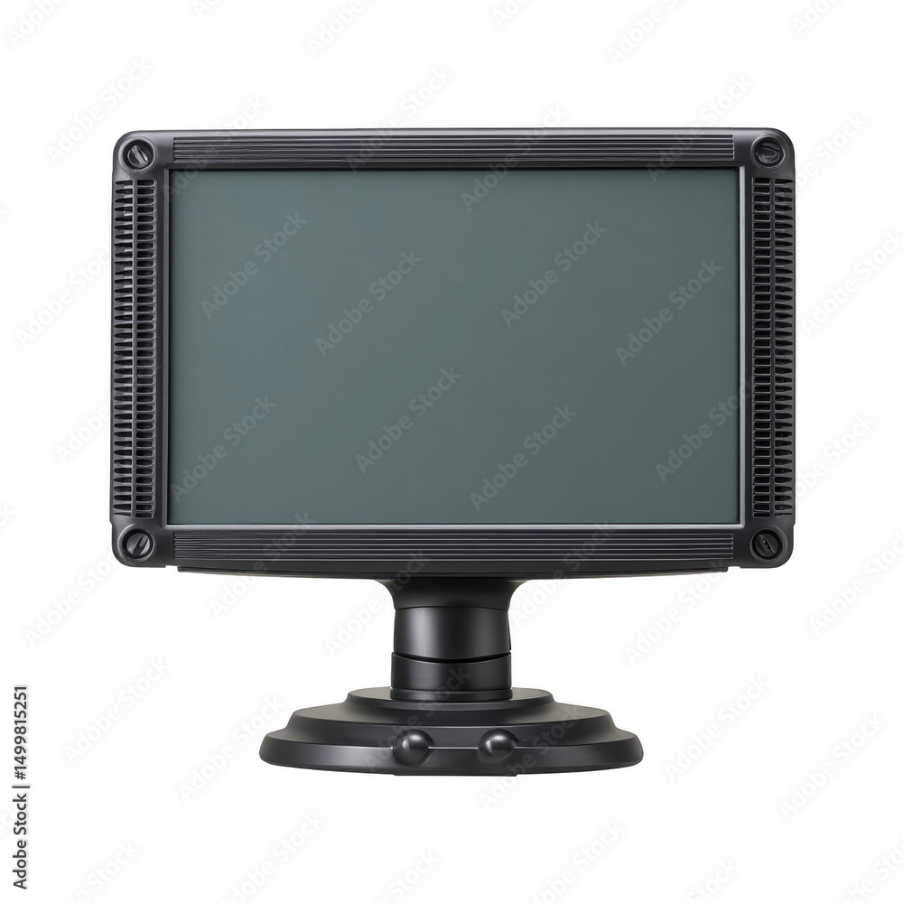 Poster black, rectangular monitor with sturdy stand is displayed against plain background. screen is blank,