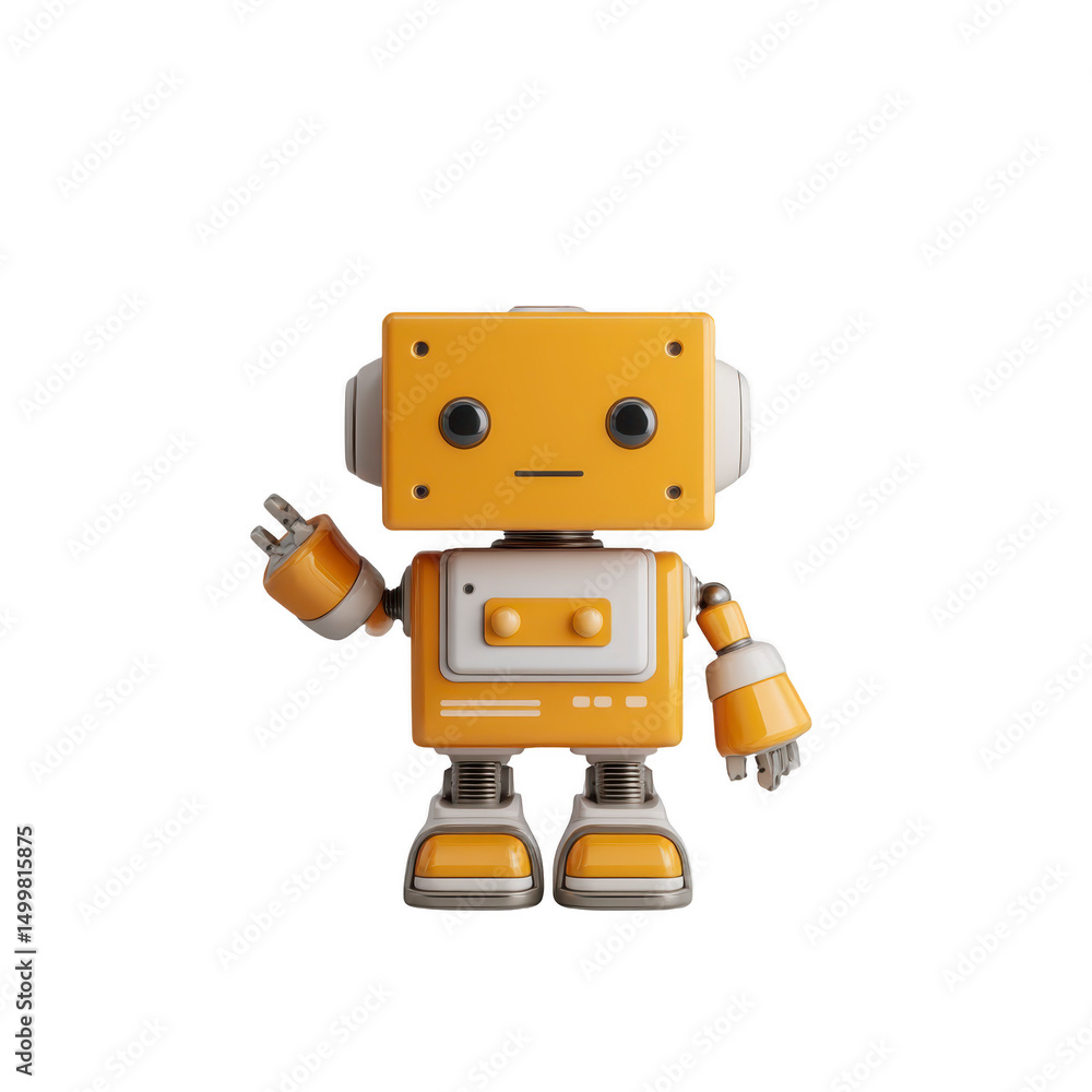 Poster cute yellow robot with boxy head and mechanical arms stands on transparency background, waving cheer