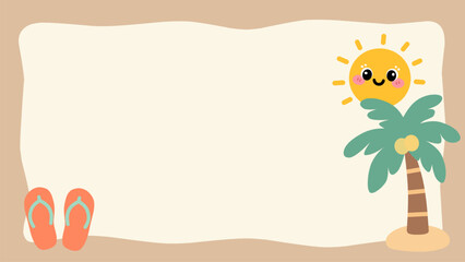 Minimal kawaii summer background with cute sun, coconut tree, and flip-flops in earthy tones. Great for tropical banners, kids content, party invitations, or seasonal digital designs.
