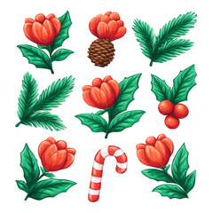 Obraz premium Festive botanical illustration featuring red flowers, pine cone, green leaves, holly berries, and candy cane, evoking cheerful holiday spirit