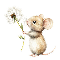 Cute Mouse Holding Dandelion.