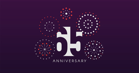 65th Anniversary Celebration Design With Fireworks on Dark Background, Perfect for Milestone Events and Invitations. Vector Illustration
