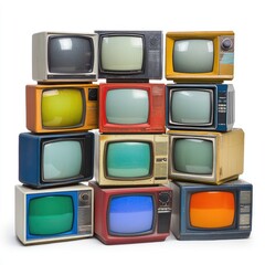 Vintage televisions stacked, various colors
