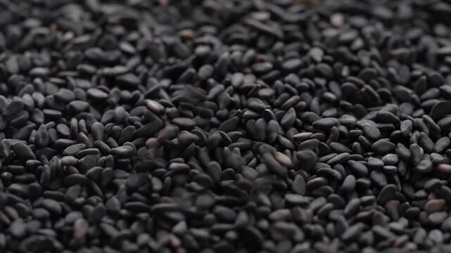 Macro video of black sesame seeds kept on rotating disk. Close up of black sesame seeds.