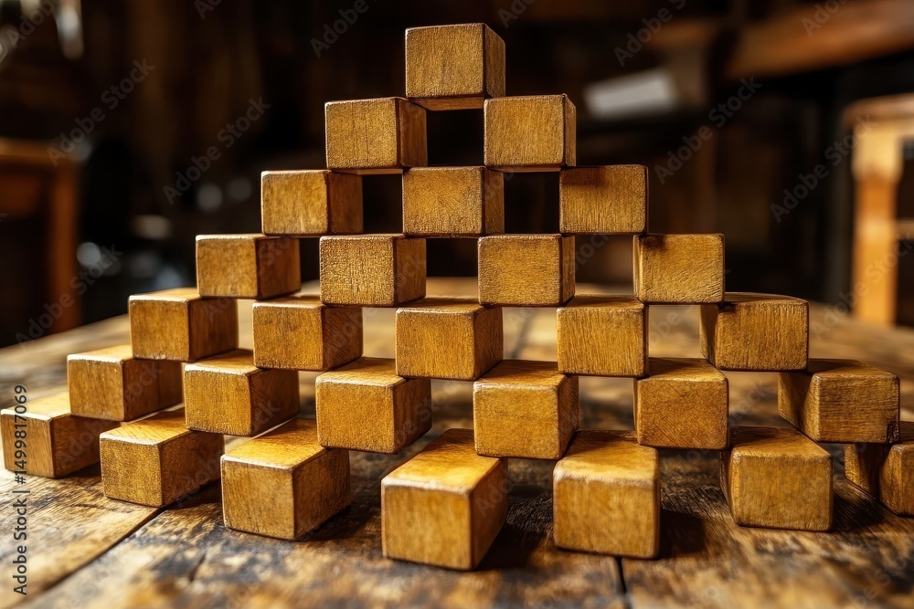 Poster wooden blocks arranged in a creative pyramid formation on rustic wooden table background showcasing 