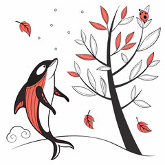 Playful dolphin autumn tree ladybug design element