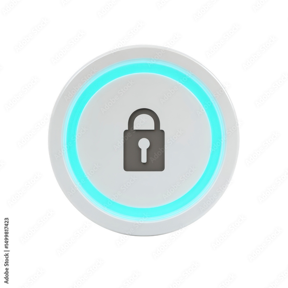 Poster glowing circular icon features lock symbol in center, representing security and protection. icon is 