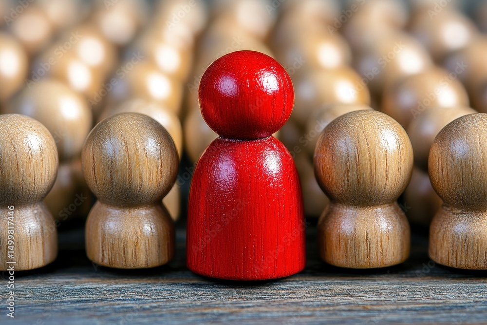 Poster hierarchy and individuality represented by red and beige wooden figures in a conceptual image of lea