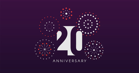 20th Anniversary Celebration Design With Fireworks on Dark Background, Perfect for Milestone Events and Invitations. Vector Illustration