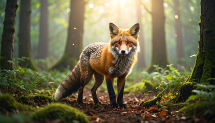 Naklejka premium A mystical fox with glowing eyes and ancient runes on its fur standing in an enchanted forest, soft magical mist, fantasy atmosphere, cinematic lighting, ultra-realistic style.
