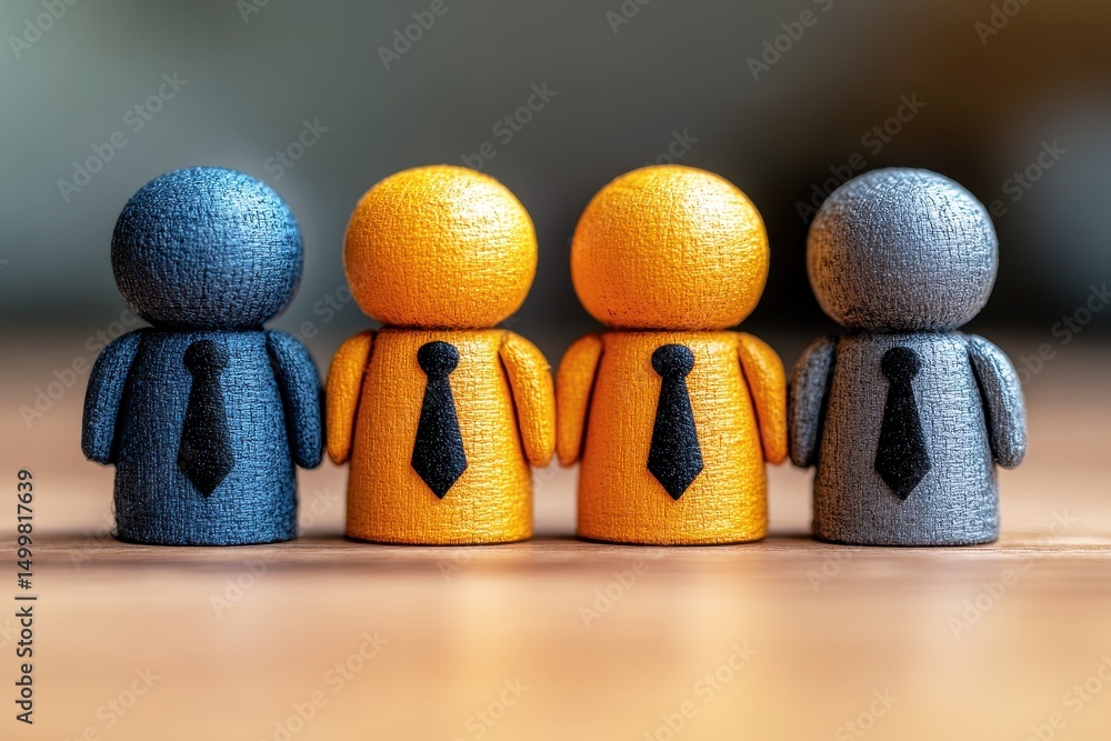 Poster colorful cartoon figures in business attire standing side by side on a table representing teamwork a