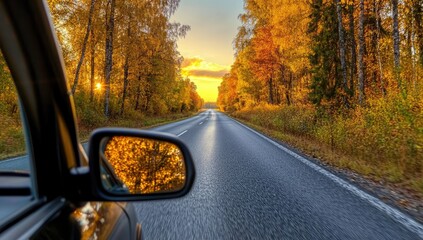 Autumn drive, car mirror view of a road through trees