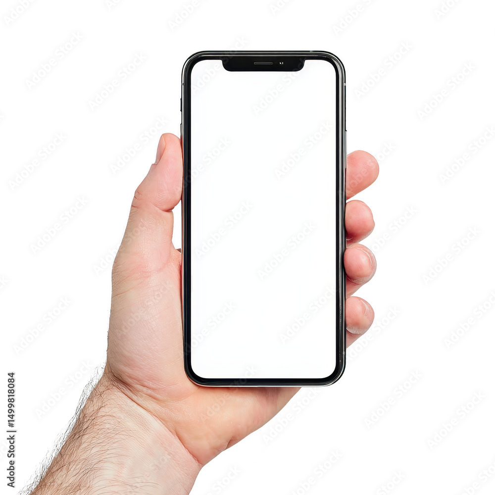 Poster hand holding modern smartphone with blank white screen, isolated on transparency background. image f