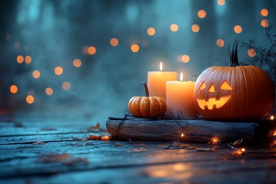 Spooky halloween night jack o lantern candles pumpkins
