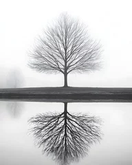 Keuken achterwand Reflectie Stunning bare tree perfectly reflected in calm water creating a symmetrical, minimalist landscape, evoking peace and reflection.  © Trendy Graphics