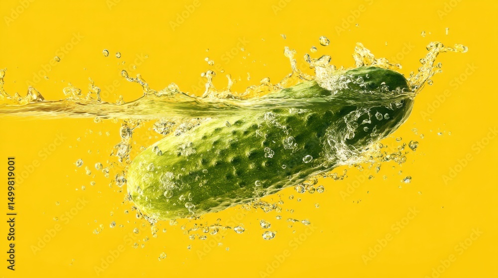 Poster a cucumber is splashing in water, with a yellow background and a vector illustration style.