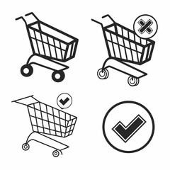Shopping cart icons set, full empty, checkmark cross, png