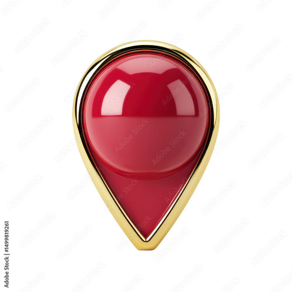 Poster glossy red and gold location pin icon with sleek, modern design, reflecting light and creating shiny