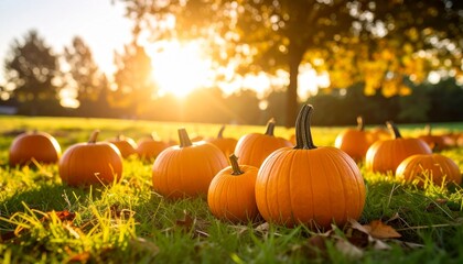 Pumpkins on grass in field with trees and sunset background.