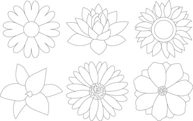 Obraz premium Flower Line Icons Set – Rose, Tulip, Daisy, Sunflower, Lotus, Lily – Editable Stroke Vector