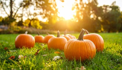 Pumpkins on grass in field with trees and sunset background.