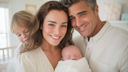 Obraz premium A joyful family in a sunlit nursery with a newborn and siblings