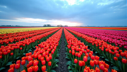 field of red tulips
