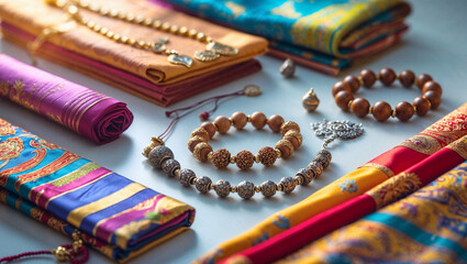 Fototapeta premium Colorful collection of elegant jewelry and textiles displayed in a fashion boutique