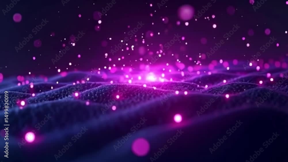 Poster glowing particles floating above wavy surface abstract slow motion