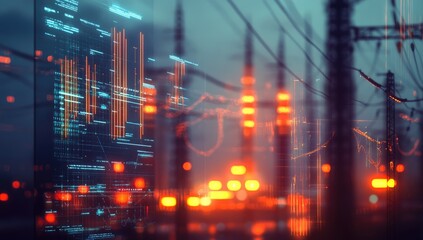 Blurred city power grid, overlaid with digital data