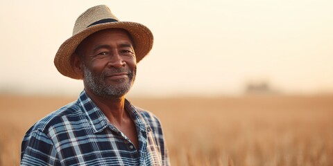 Fototapeta premium Farmer smiling in front of limited harvest amid food shortage crisis rural field portrait warm light