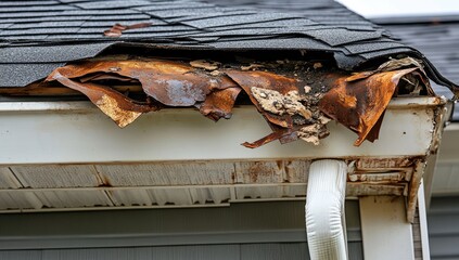 Damaged roofing and gutter system, rusty metal sheets