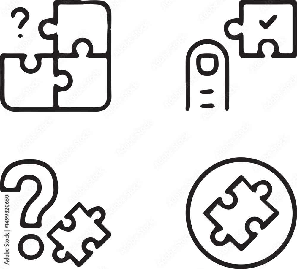 Poster puzzle icon set: four distinct minimalist icons representing puzzle pieces, capturing problem-solvin