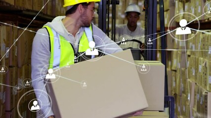 Warehouse staff loading box on forks causing network icons showing supply chain connections - Powered by Adobe