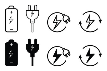 Electric charge battery energy plug power symbol outline and solid icon vector illustration for technology device interface UI set design.