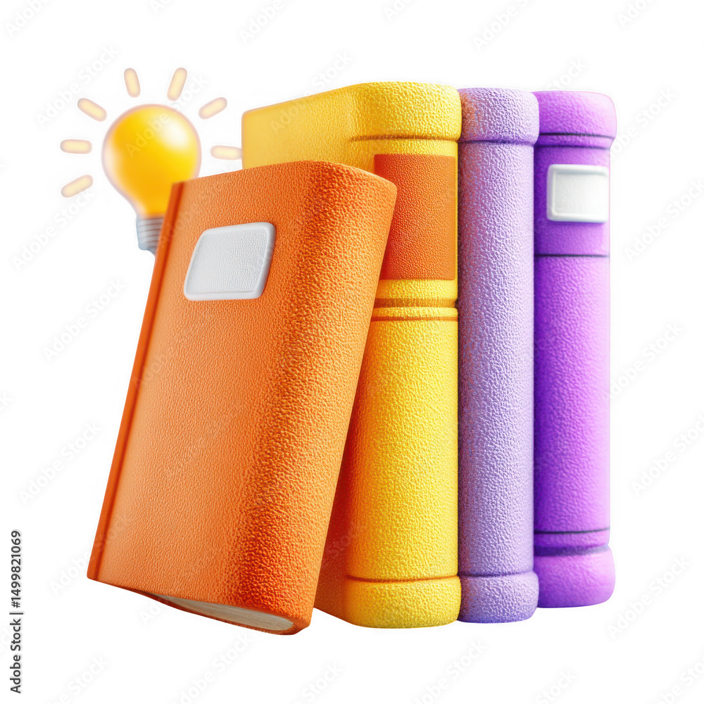 Poster colorful books stack with lightbulb idea isolated on transparent background