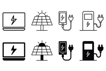 Solar panel energy charger electric laptop power station and device symbol icon vector illustration in outline and solid style.