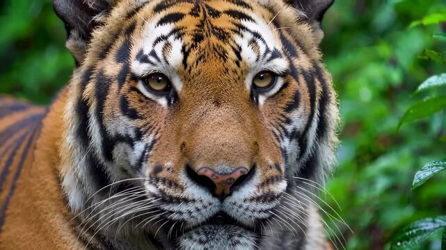 Intimate Portrait of a Sumatran Tiger Amid Lush Greenery Revealing Striking Details