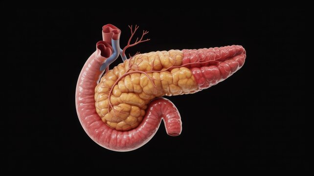 Human Pancreas Anatomy Detailed 3D Render on Black Backdrop Medical Illustration of Digestive Gland Structure and Function for Educational Use