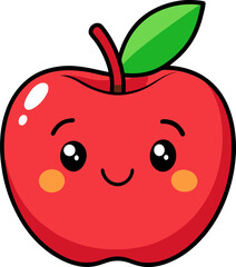 Smiling red apple character with cute eyes and cartoon leaf in colorful flat style for clipart or print