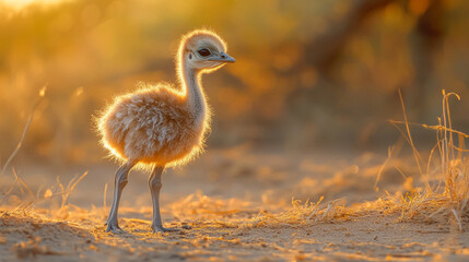 Young chick standing in golden light on a sandy landscape  