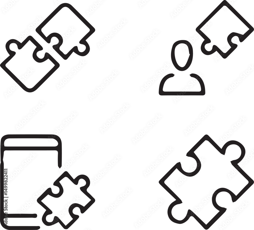 Poster problem-solving icon set: a collection of puzzle pieces, each uniquely placed to illustrate concepts