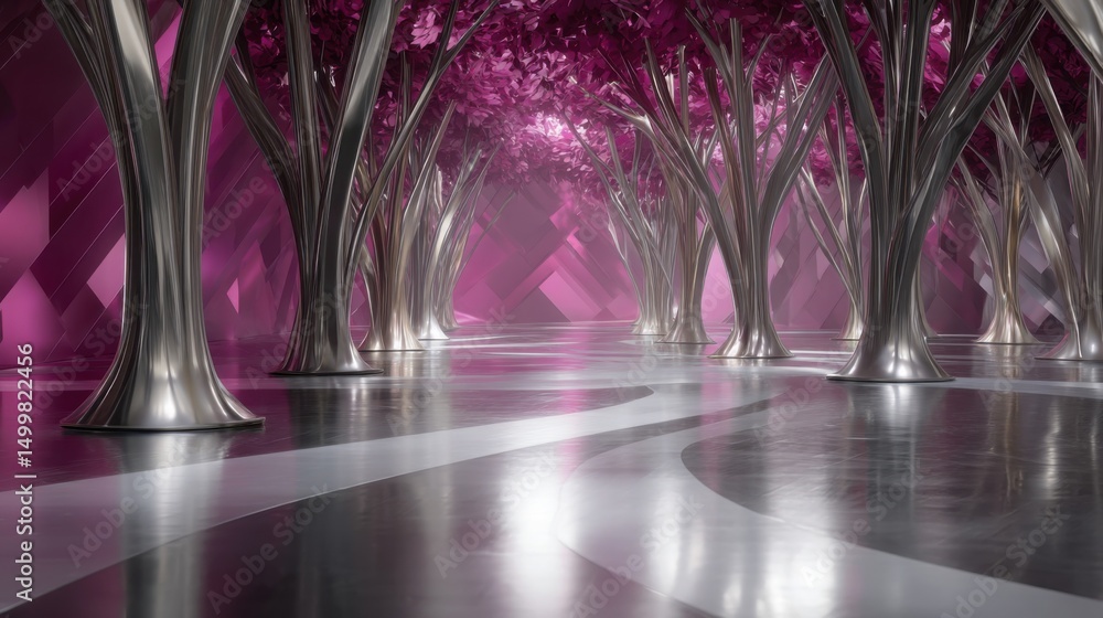 Poster artificial sci-fi forest with chrome trees and magenta leaf-like panels, illuminated pathways betwee
